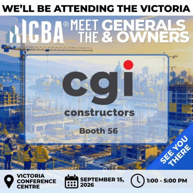 We’re looking forward to connecting in Victoria!
CGI will be at the 2026 @icbabc Meet the Generals & Owners at the Victoria Conference Centre.
Come find us at Booth 56 to meet our team, catch up, and chat about what’s happening in construction across Vancouver Island and beyond.
We’re looking forward to seeing some familiar faces and making plenty of new connections.
See you there!

#CGIConstructors #ICBA #ICBAGenerals #VictoriaBC